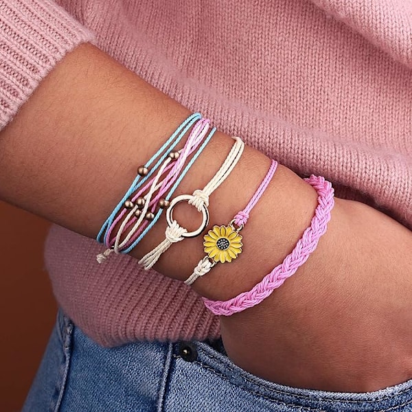 Solsikke-snor-armbånd Håndlaget flettet tau med sjarm Boho Surfer-armbånd for kvinner Pink