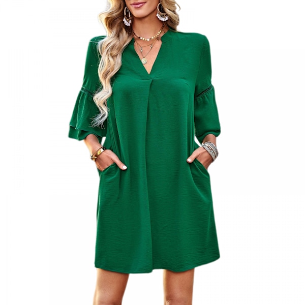 Neck Puff Sleeve Solid Color Loose Flowy Mini Kjole (Grøn M)