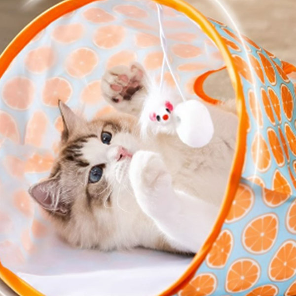 Kattunnelväska hopfällbar interaktiv 5 hål Crinkle Sounds Tunnel Pet Drill Bucket med plyschbollar för katter kattungar Orange
