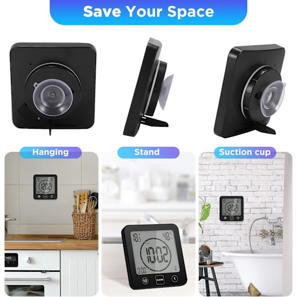 Duschklocka Vattentät, Digital Klocka Timer Klocka med Alarm, Badrumsklocka med Sugkopp, Temperatur Fuktighetsdisplay, 3 Monteringsmetoder Black