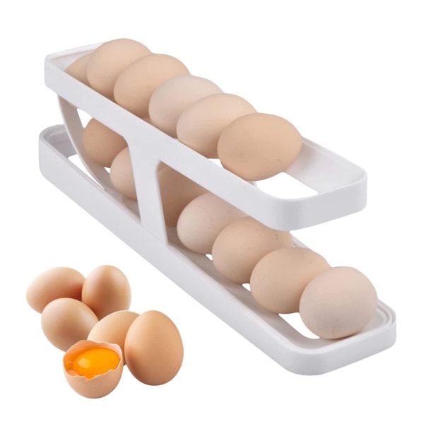 Rullende eggdispenser 2 etasjer rommer 14 egg Automatisk rullende eggbeholder for kjøleskap Hvit