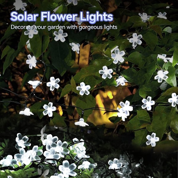 Utomhus solcellsblomsträngslampor Vattentät 50 LED Fe-ljusdekorationer för julgran Trädgård Uteplats Stängsel Gård Vår (Kall vit) Cool White