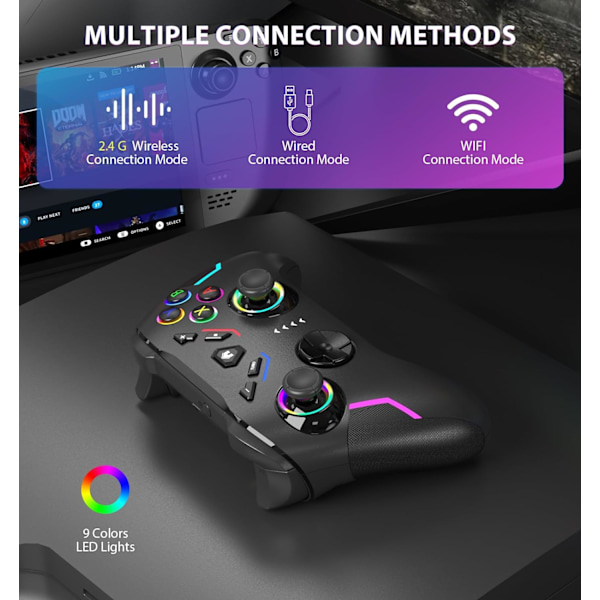 Trådløs PC-spilcontroller til Windows (7/8/10/11), kompatibel med Nintendo Switch og Steam Deck, 9-farvet LED-lys Gamepad med Turbo-funktion, Adju