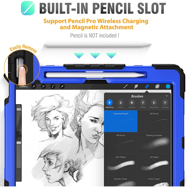 Skal för iPad Air 11 tum (M2 2024), Stötsäker Design med Pennhållare/Skärmskydd/Roterande Handrem, Skyddande Fodral för Blue New iPad Pro 11 2024