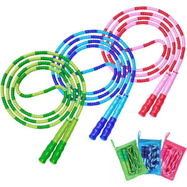 Hopprep, justerbar längd trasselfri segmenterad mjuk pärlad hopprep, fitnesshopprep för barn, män och kvinnor viktminskning 9,2 fot Green Pink Blue