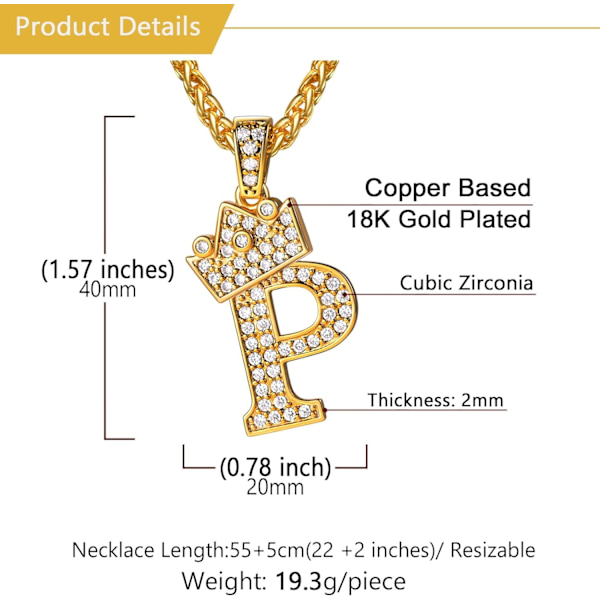 Krone Initial A-Z Halskæde, Iced Out Bogstav Vedhæng med 22-24 Tommer Kæde, Mænd Kvinder Bling Hip Hop Alfabet Navn Smykker Gave Store Initialer Halskæder P 18K Gold