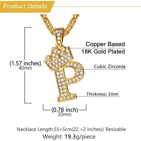 Krone Initial A-Z Halskjede, Iced Out Bokstavanheng med 22-24 Tommers Kjede, Menn Kvinner Bling Hip Hop Alfabet Navn Smykker Gave Store Initialer Halskjeder P 18K Gold