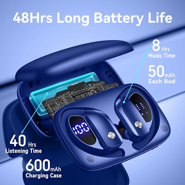 Trådløse øretelefoner Bluetooth-hovedtelefoner 48 timers afspilning Sportsøretelefoner med LED-display Over-ear-knopper med ørekroge Indbygget mikrofon Headset til træning B Blue