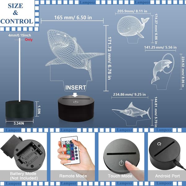 Ocean Havdyr 3D Lampe Sæt, Delfin, Marlin, Haj, Hval 3