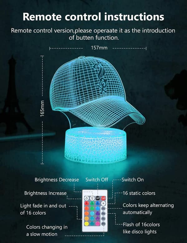 3D LED Nattlampe, baseballcaps, Fotballhjelm, Bask