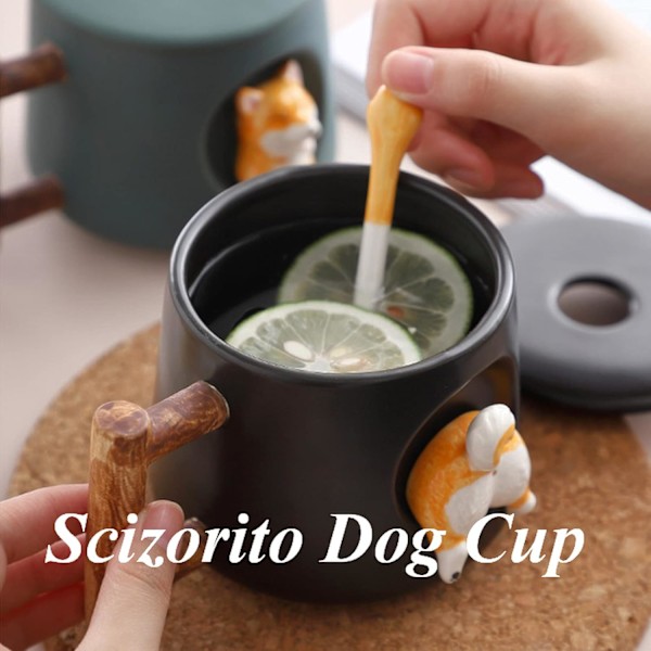 Söpö Koirapari Mukit, Keramiikka Kahvimuki Kansi, Söpöt Tassut Lusikan Päällä, Söpö Shiba Inu Kolmiulotteinen Design, Mattainen Tekstuuri Black Head