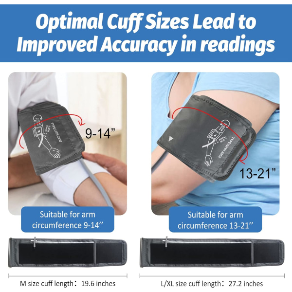Blodtrykksmåler med to mansjetter - Ekstra stor mansjett 13-21\" og standard 9-14\", Nøyaktig automatisk blodtrykksmåler med stor skjerm, USB-kabel og 4