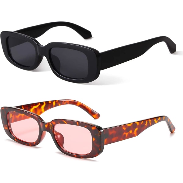Rektangulära solglasögon för kvinnor Retro körglasögon 90u2019s Vintage Fashion Narrow Square Frame UV400-skydd Black & leopard Pink