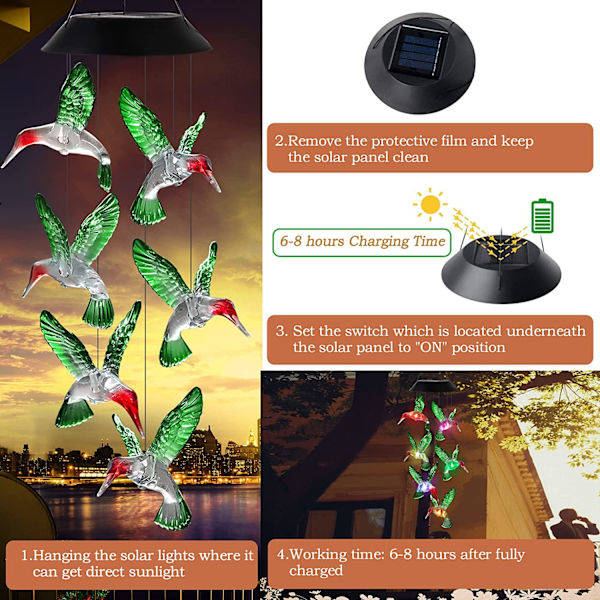 Kolibri solcells vindspel, OkayGoo kolibri gåva utomhus vindspel solcellslampor färgförändring