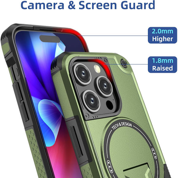 Magnetiskt iPhone-fodral med stativ, kompatibelt med MagSafe, robust inbyggt stativ, militärklassat fallskydd stötsäkert för iPhone Green iPhone 14 Plus