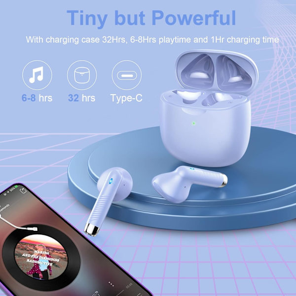 Langattomat nappikuulokkeet, Bluetooth 5.3 -kuulokkeet korvassa melunvaimennusmikrofonilla, nappikuulokkeet Stereo Bass, IP7 vedenpitävät urheilukuulokkeet, 32 tunnin toistoaika USB C Purple