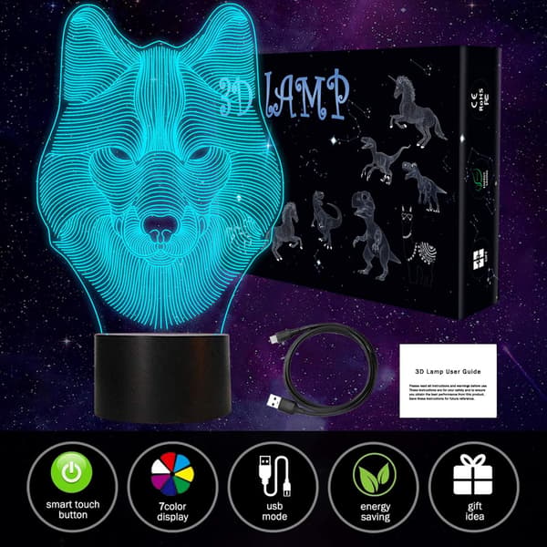 Wolf 3D Lamper, Bagvhandbagro Ulv Nattlys, 7 LED-farger