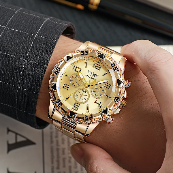 Herrar Kvartsur Klocka Mode Rostfritt Stål Chronograph Affärs Klockor för Män Gold