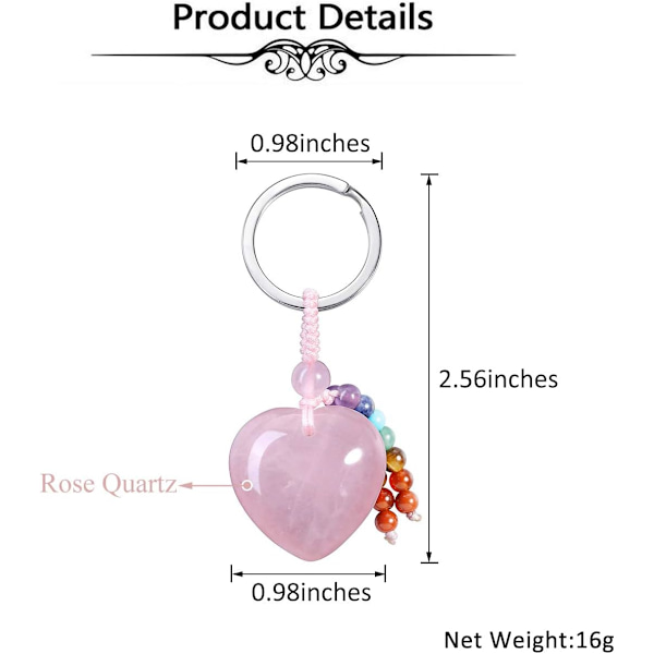 Naturlig krystallhjerte edelsten nøkkelring 7 chakra helbredende stein nøkkelring sjarm for kvinner Rose Quartz