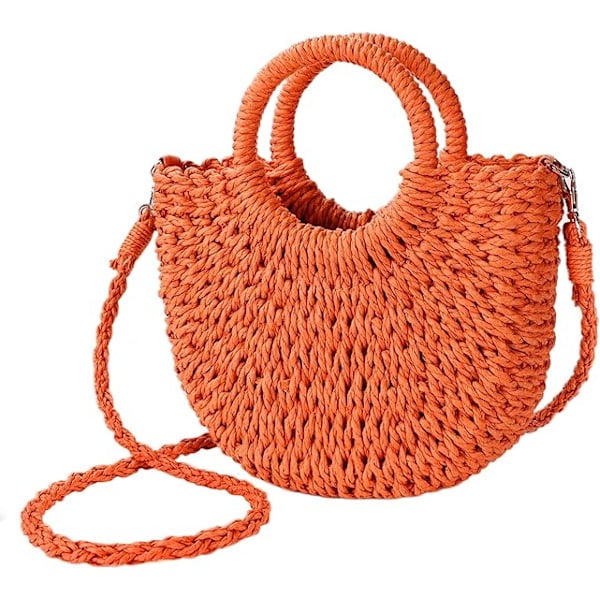 Strandväska i Halm för Kvinnor, Vävd Axelväska med Övre Handtag, Satchel Handväska för Sommar Orange