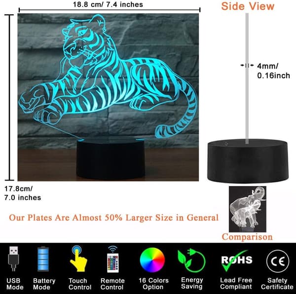 Tiger 3D Illusion Natlampe Legetøj, 16 Farver Skift Smart Til