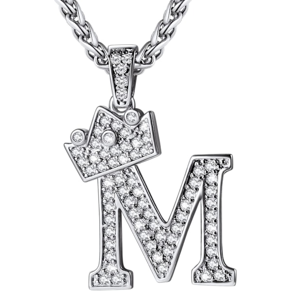Krone Initial A-Z Halskæde, Iced Out Bogstav Vedhæng med 22-24 Tommer Kæde, Mænd Kvinder Bling Hip Hop Alfabet Navn Smykker Gave Store Initialer Halskæder M Silver