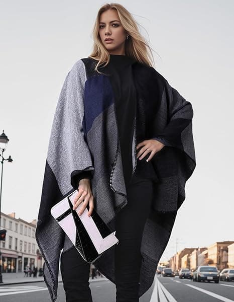 Werwing Dame Farveblok Sjal Wrap Åben Front Poncho Cape Oversized Afslappet Efterår Vinter Sweater Cardigan, Sort Black