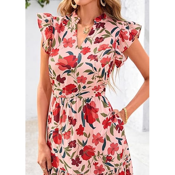 Dame 2025 Sommer Blomstret Midi Kjole Korte Ærmer V-Hals Flæse Lang Flydende Boho Afslappet Strand Ferie Kjoler L