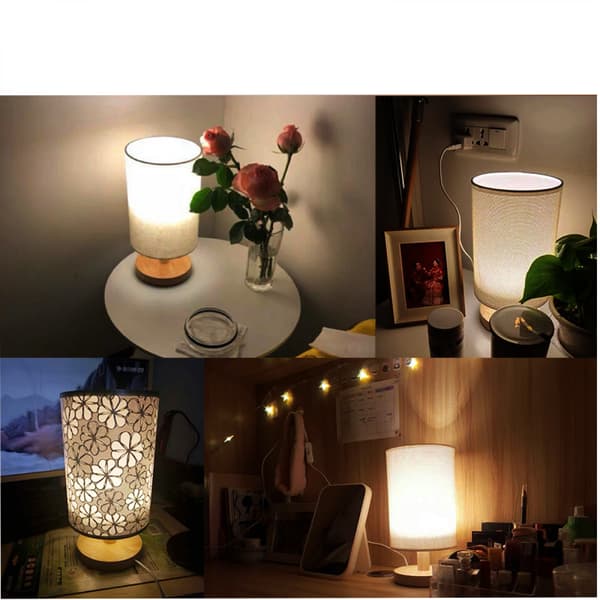 Liten lampe for soveromsdekor, ledningsplugg trelampe med stoff