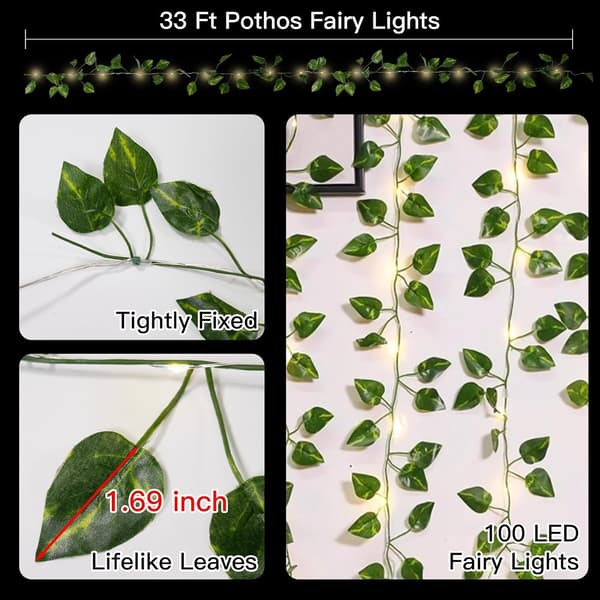 33ft 100 LED Batteridrivna Pothos Slingor, Fjärrkontroll & Varmvitt, Sovrum/Trädgårdsdekor 100LDE