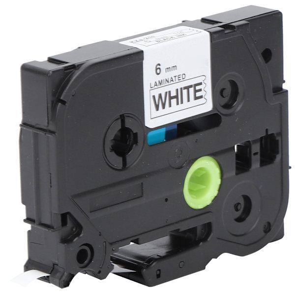 Laminerede etiketbånd 6mm sort på hvid passer til Brother TZe-211/611 PT-E100B/E300/D210