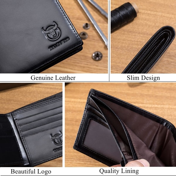 RFID-punge til mænd - Slim Bifold ægte læder pung til forlommen med 2 ID-vinduer QB-05 (sort) Black