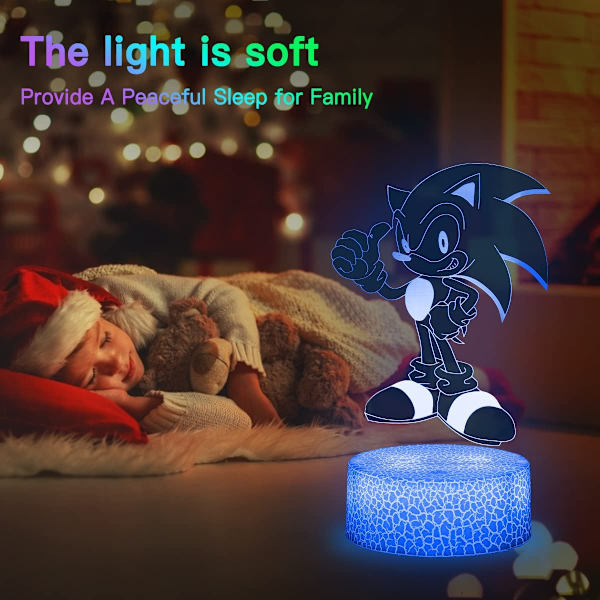 Sonic The Hedgehog 3D Illusionslampa, 5 Mönster och 16 Färger som Byter med Fjärrkontroll Akryl LED Nattlampa, Sonic The Hedgehog Leksaker för Pojkar