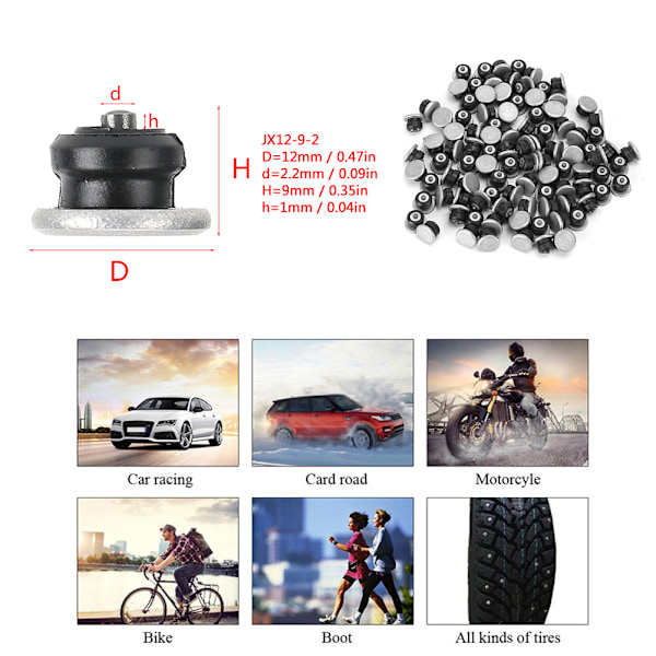 100 kpl 12 mm / 0,5 tuuman pyörän renkaiden nastat, liukastumisenestokynnet autoille, moottoripyörille, ATV:lle, UTV:lle, JX12-9-2