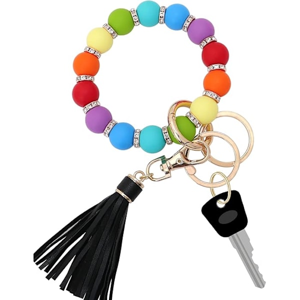 Silikon nøkkelring armbånd for kvinner, elastisk perlearmbånd nøkkelring med zirkon og dusk til morsdaggave Rainbow