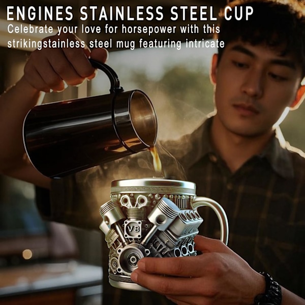 Personlig Rostfri Mugg - V8 & V6 Motor Design, 44 cl Handgjord Hållbar & Stilren, Perfekt för Bilentusiaster (V8) v8