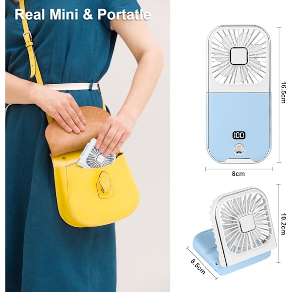 Vikbar Handhållen Fläkt med LED-Display, Mini Portabel Personlig Fläkt USB Uppladdningsbar Power Bank Fläkt Halsfläkt, Batteridriven 180° Vikbar