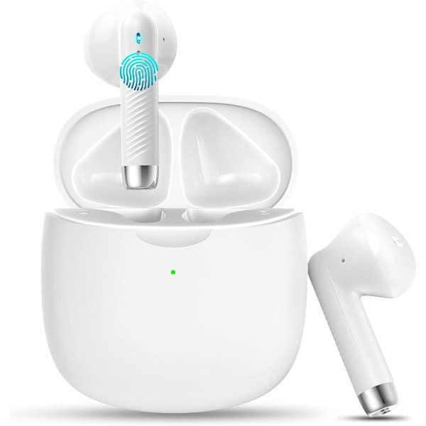 Langattomat nappikuulokkeet, Bluetooth 5.3 -kuulokkeet korvan sisään melunvaimennusmikrofonilla, nappikuulokkeet Stereo Bass, IP7 vedenpitävät urheilukuulokkeet, 32 tunnin toistoaika USB C White