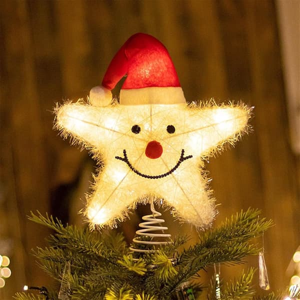 LED Lysende Smilende Ansigt Stjerne Juletræstop - Festlig Hat Design, Skinnende Julepynt til Julehjemindretning