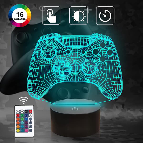Gamepad 3D Illusionslampe, Attivolife Kontroller Nattelys med Timer, Fjernkontroll