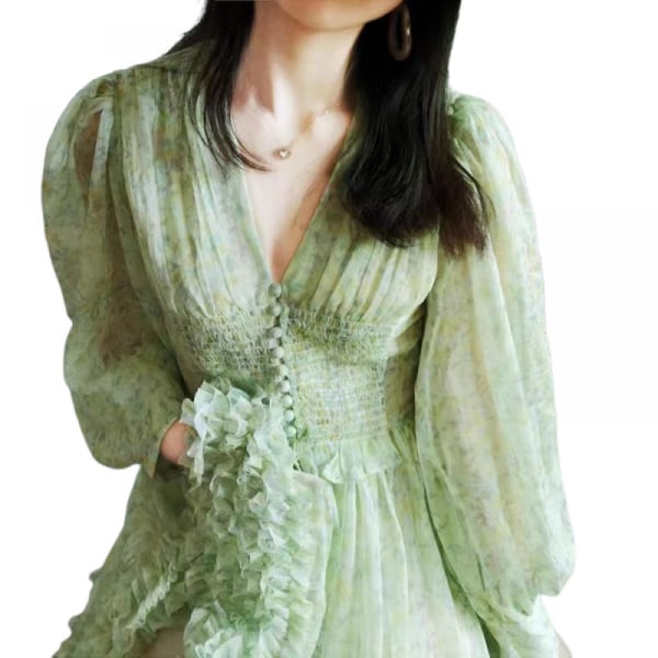 Chiffon Elegant Mini Short Swing Skater Dresses(Green L)