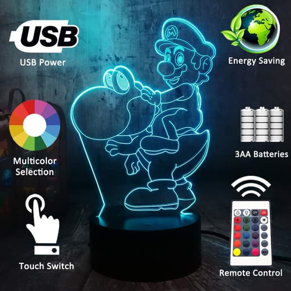 Spill Action Figur Søte Leker Yoshi Dinosaur 3D LED RGB Natt