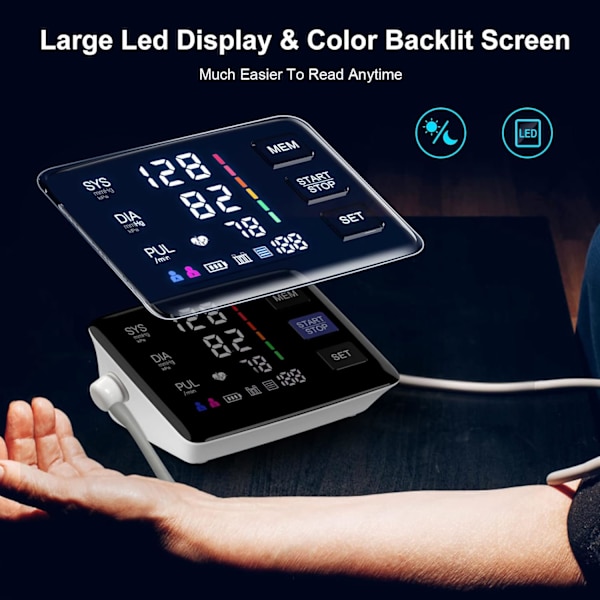 Blodtryksmonitor, 9-17'' & 13-21'' Ekstra Stor Blodtryksmanchet Overarm, LED Farve Baggrundsbelyst Skærm Automatisk Digital Blodtryksapparat