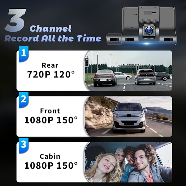 3-kanals dashcam fram och bak inuti, 4 tum 1080P dashkamera för bilar trevägs trippel bilkamera med IR-nattseende, loop-inspelning, G-sensor