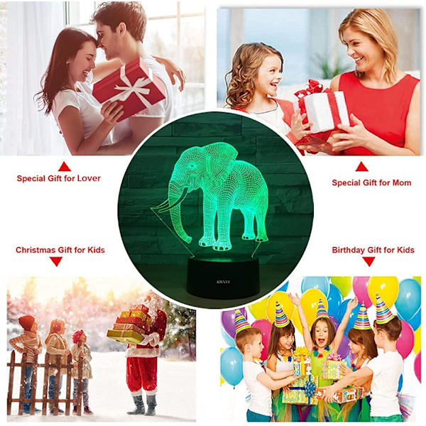 Elefant Visuell 3D Lampe Illusjon 2D Nattlys Julegave