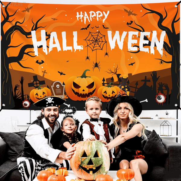 72x44 tommer XtraLarge Happy Halloween Banner – Orange & Sort Græskar Design til Uhyggelige Udendørs Baggrunde