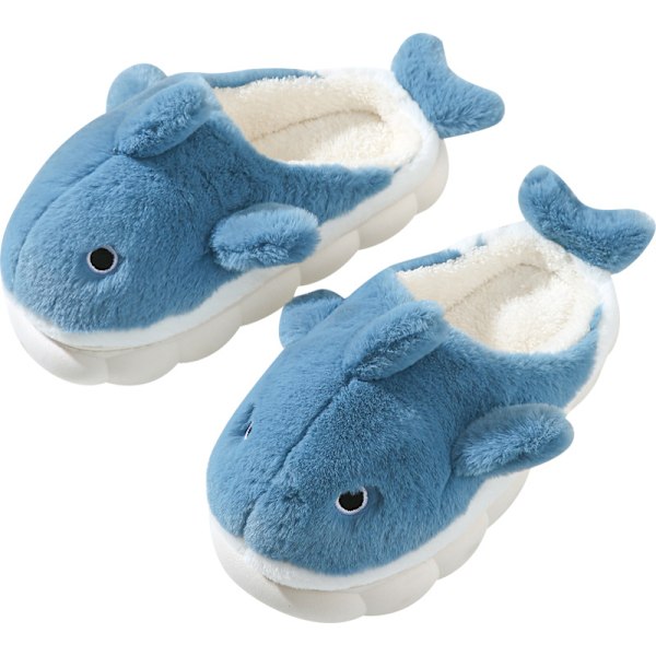 Plush Hemtofflor för Män och Kvinnor, Cartoon Haj Djur Bomulls-tofflor, Vinter Inomhus Varma Tofflor, Mjuka och Bekväma Tjocksulor Blue 38-39