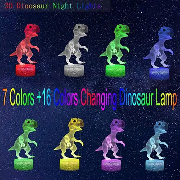 Dinosaur-serie fargerik 3D nattlys LED berøring 16 farger fjernkontroll bordlampe julegave svart base