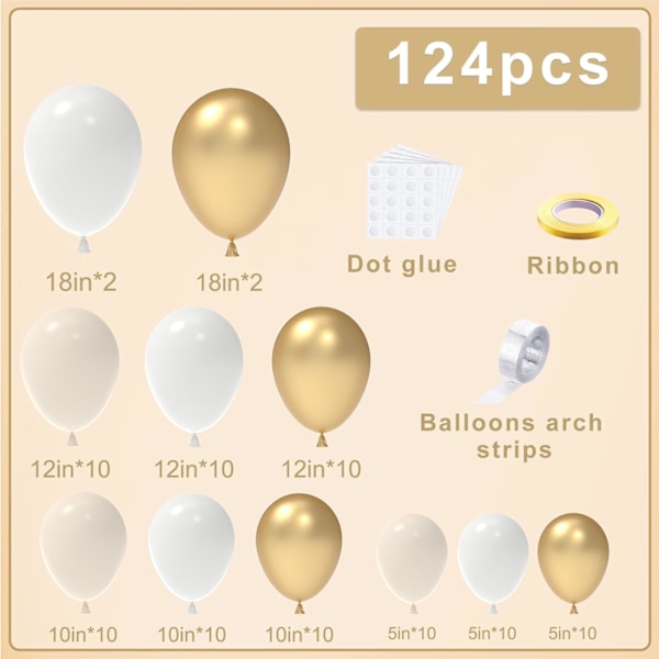 124 st vita sand guld ballonger bågdekoration set, 18 tum 12 tum 10 tum 5 tum vita nude ballonger med metalliska guld ballonger för förlovning, bröllop, födelsedag White Sand Gold