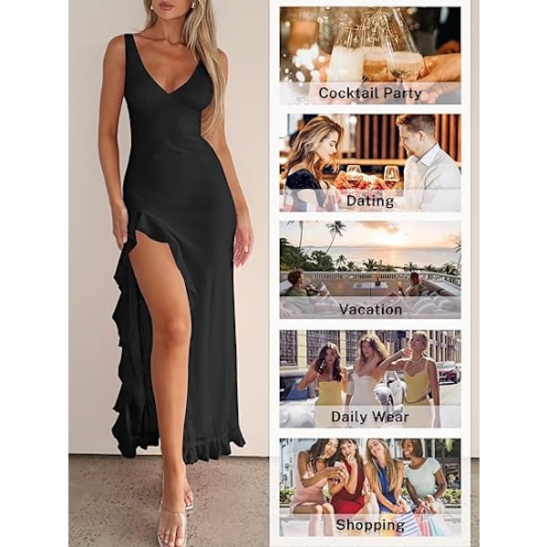 Sexig V-ringad Ärmlös Mesh Volangfåll Bodycon Maxi Casual Rygglös Hög Slits Cocktailklänning för Kvinnor S